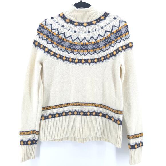 J.Crew Womens Ivory & Blue Rolled Hemline Mock Neck Nordic Lambs Wool Sweater S - Picture 1 of 11